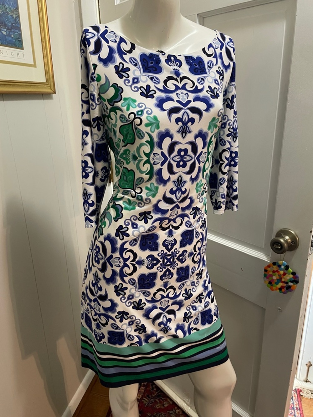 Vince Camuto Navy, Green & White Patterned Midi Shift Dress